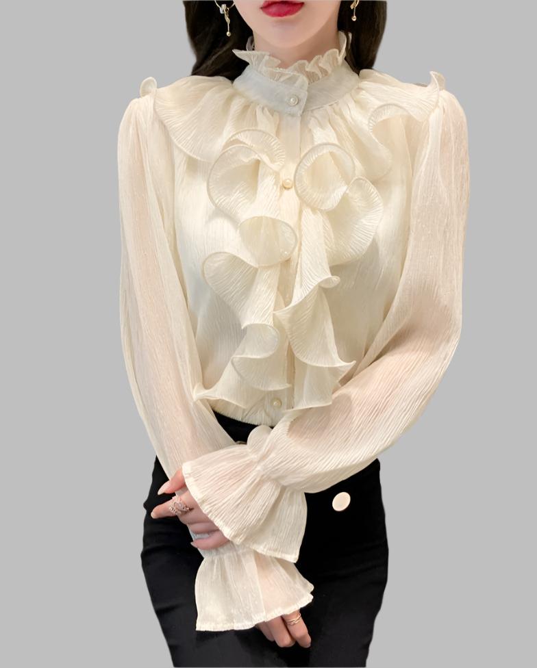 long sleeve ruffled chiffon blouse with stand collar – Tauret