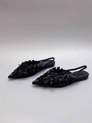 black satin slingback flats with 3D floral appliqué – NOIRIA