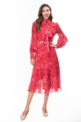 high-neck chiffon midi dress with ruched sleeves – YTAGR