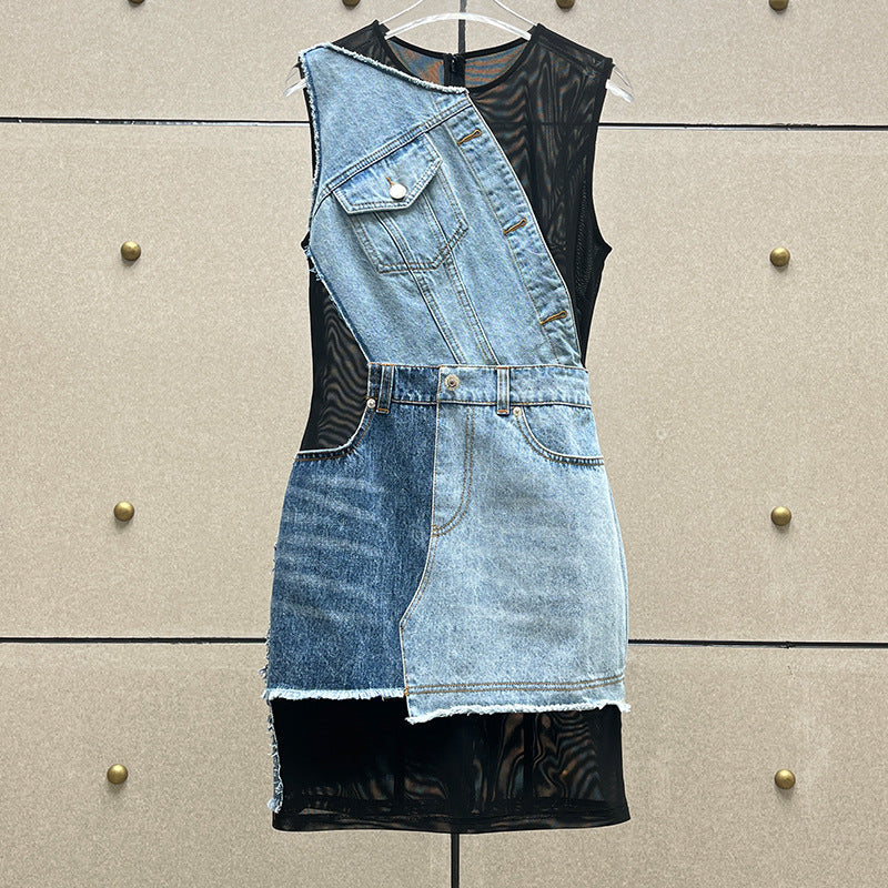 sleeveless mesh mini dress with denim patchwork – Tamela