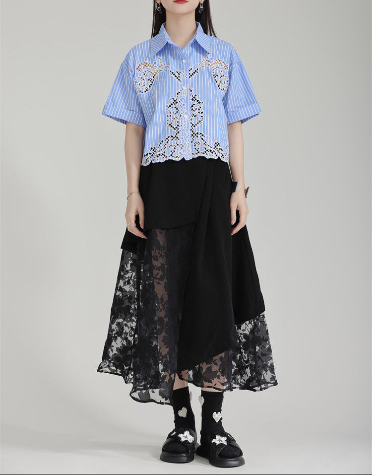 Short-sleeved shirt with lace hem - Cerna