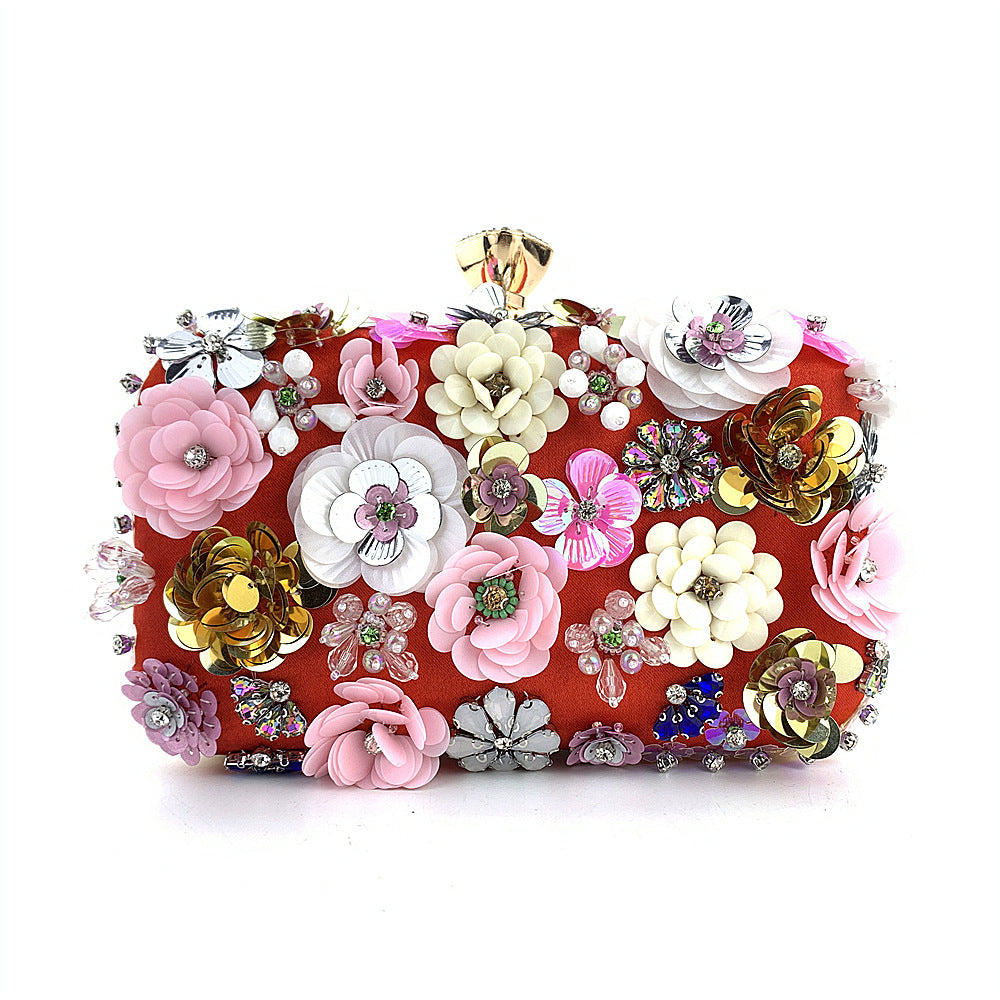 Floral Embellished Box Clutch with Gold Accents - Hilu