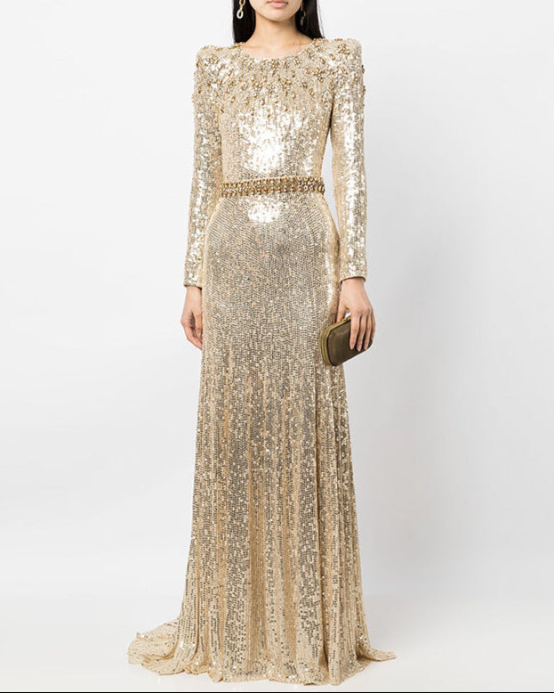Long sleeve column dress with sequined embellishments - Jinwy
