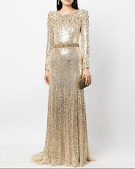 Long sleeve column dress with sequined embellishments - Jinwy