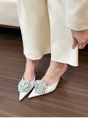 black satin mule heels with oversized rosette appliqué – ROSA