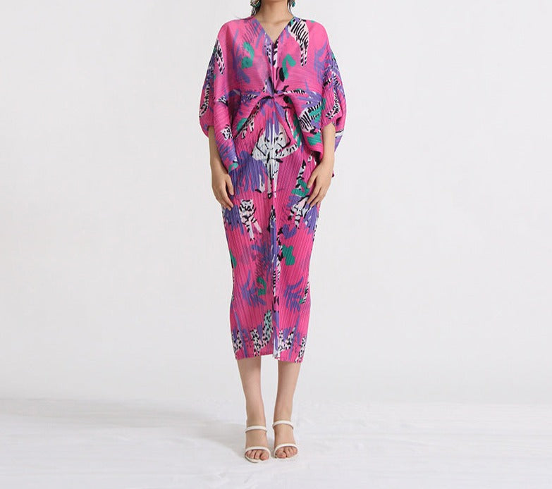 pleated midi dress with vibrant animal print – Tikia