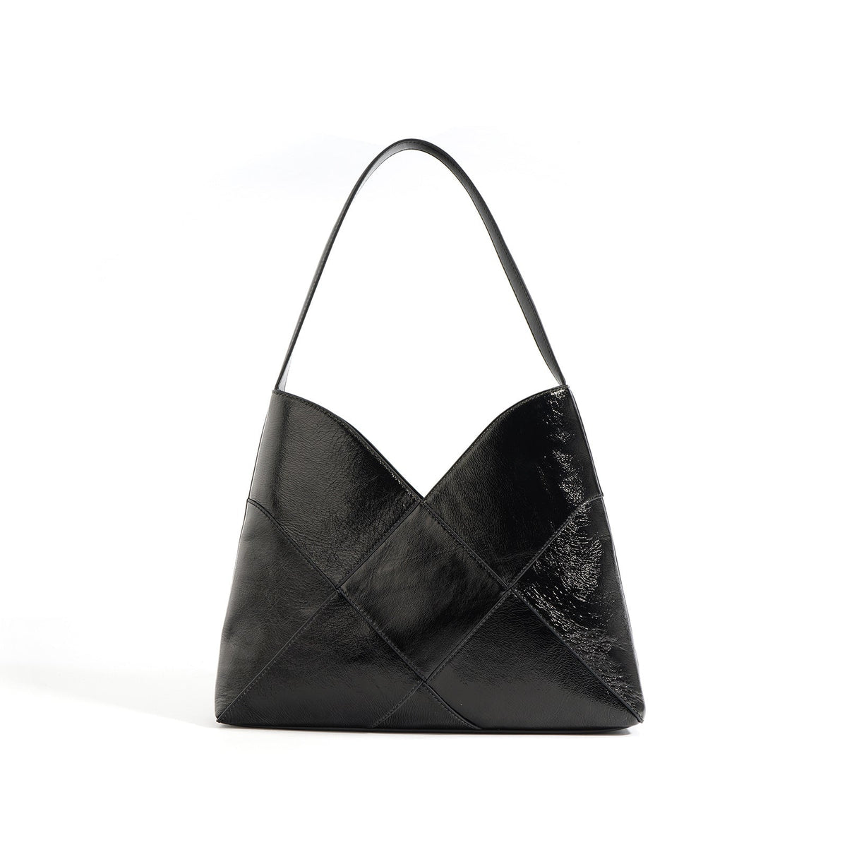 geometric shoulder bag with glossy patchwork finish – ARYXA
