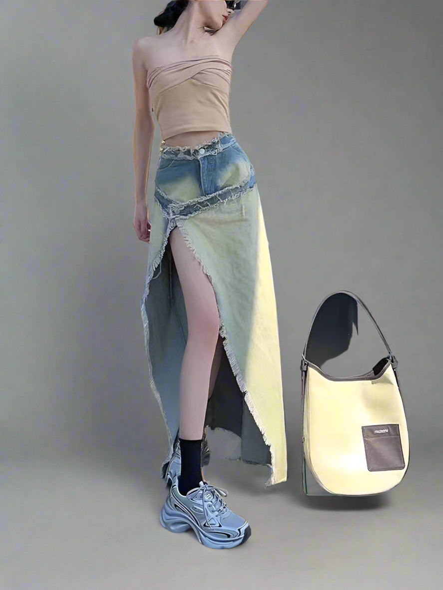 distressed denim maxi skirt with raw slit - Balthah