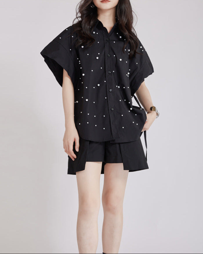 Button-up shirt with ruffled sleeves and embellished neckline - Sirti