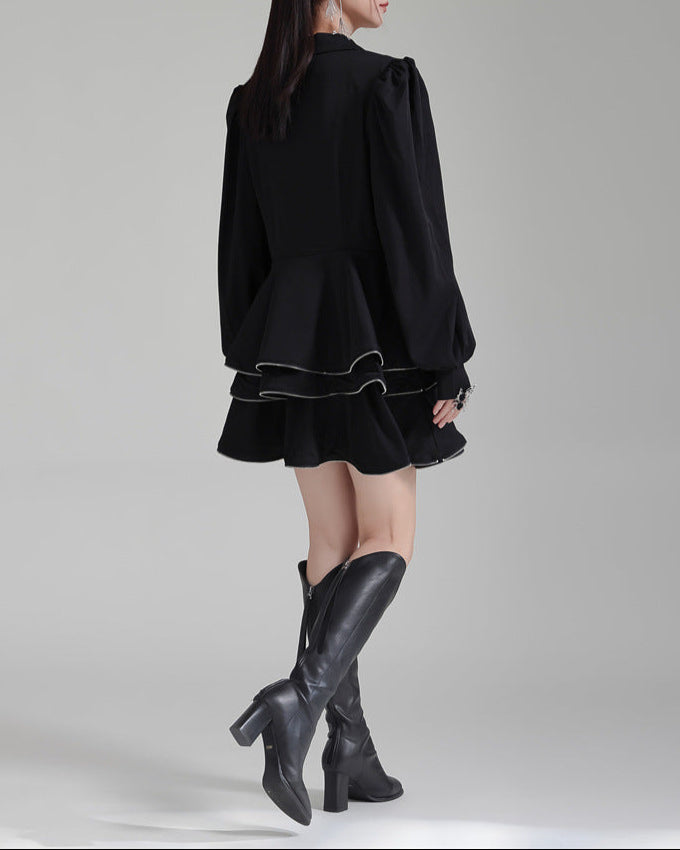 Shirt suit with multi-layered short skirt -
