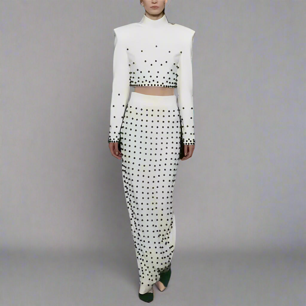 Studded crop top and column skirt set with shoulder pads – Zaidy