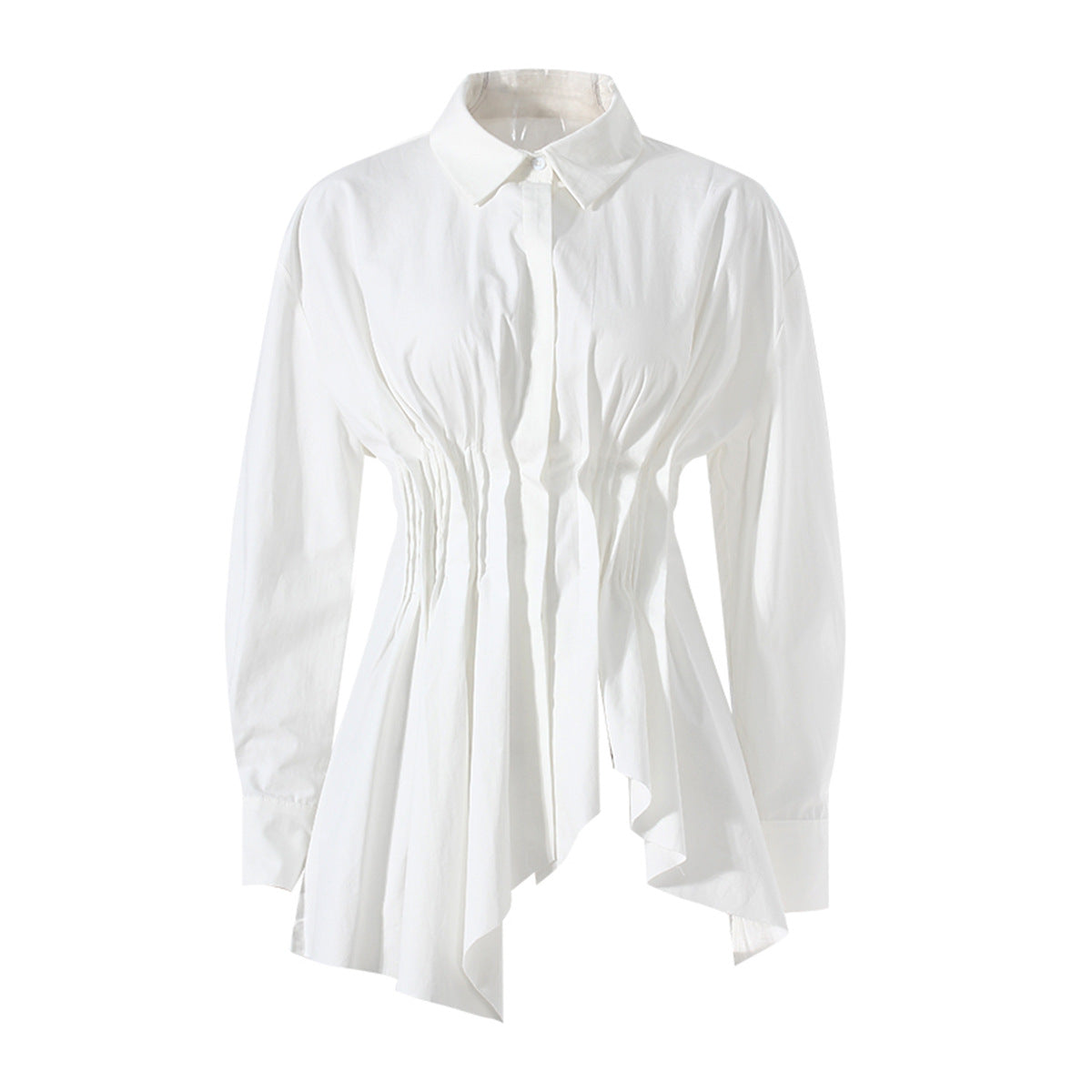 long-sleeve button-down shirt with ruched waist and flared hem – CLEO