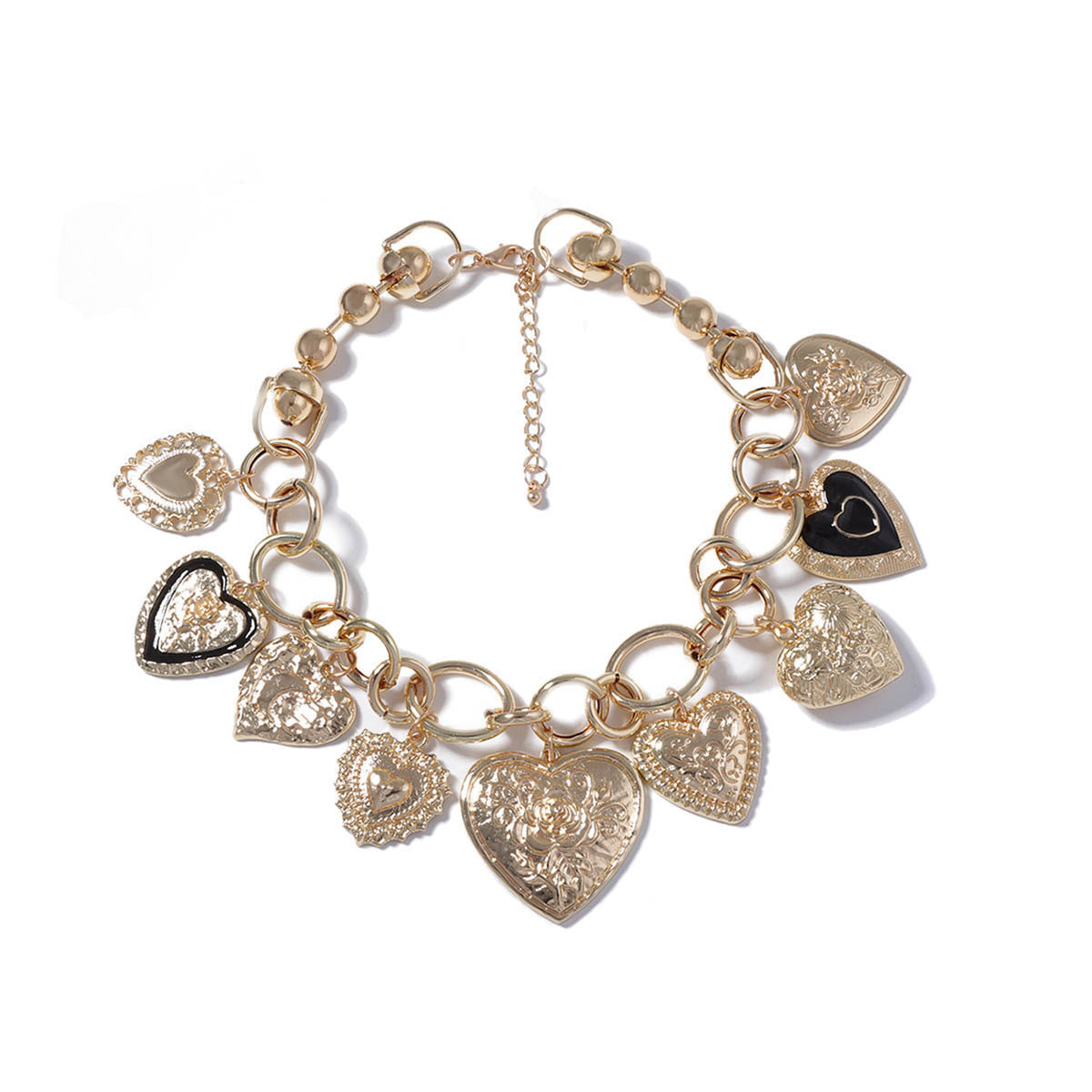 Gold-tone charm necklace with embossed heart pendants - Alginu