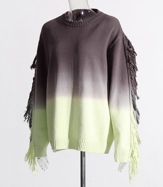 ombré fringe-trim sweater with textured shoulders - Famidah