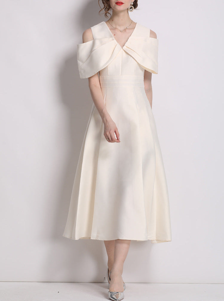 off-shoulder midi dress with oversized bow cape - CELIRNA