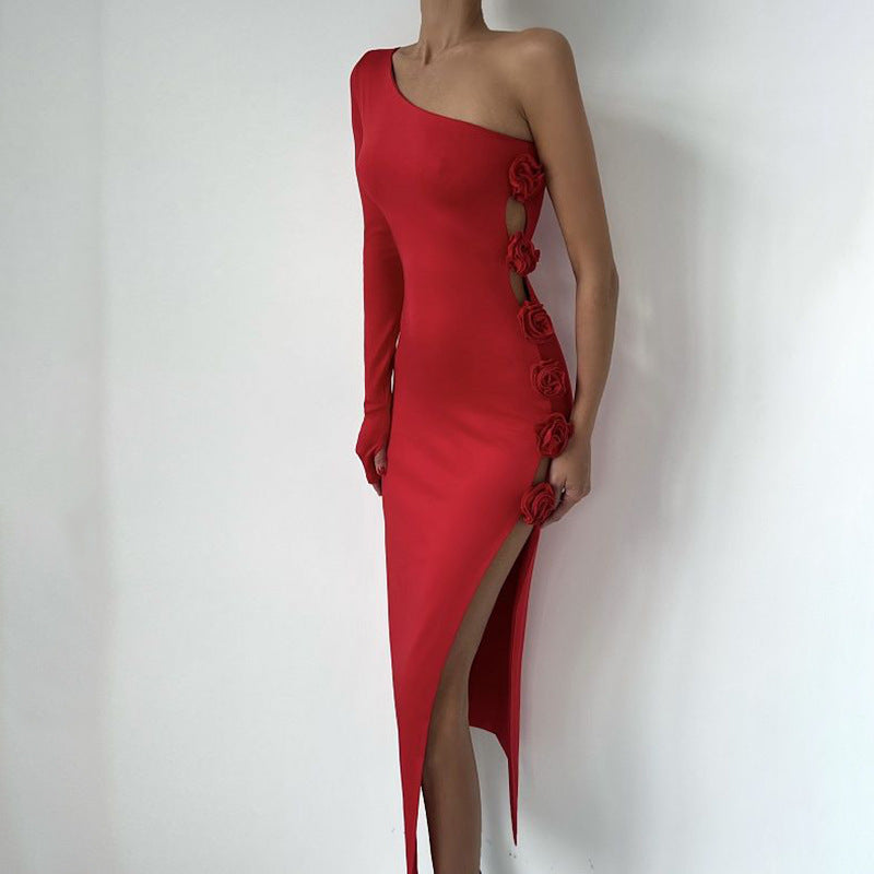 one-shoulder gown with floral side appliqué – Fahapol