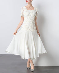 puff-sleeve chiffon midi dress with 3D floral bodice – IVORY
