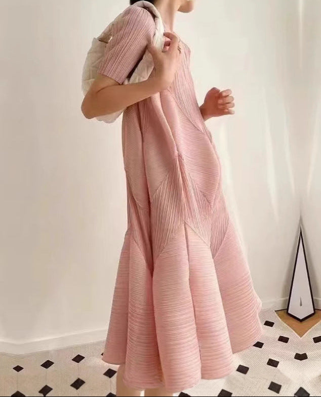 leated A-Line Midi Dress with Geometric Texture – SERENE