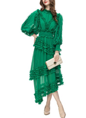 ruffled asymmetrical chiffon dress in emerald – Tharisha