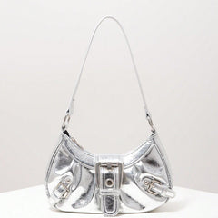 Ruched faux leather shoulder bag with statement buckles – Rinmy