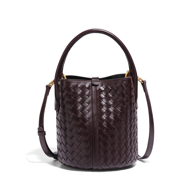 woven leather bucket bag with rounded handle – IVONY