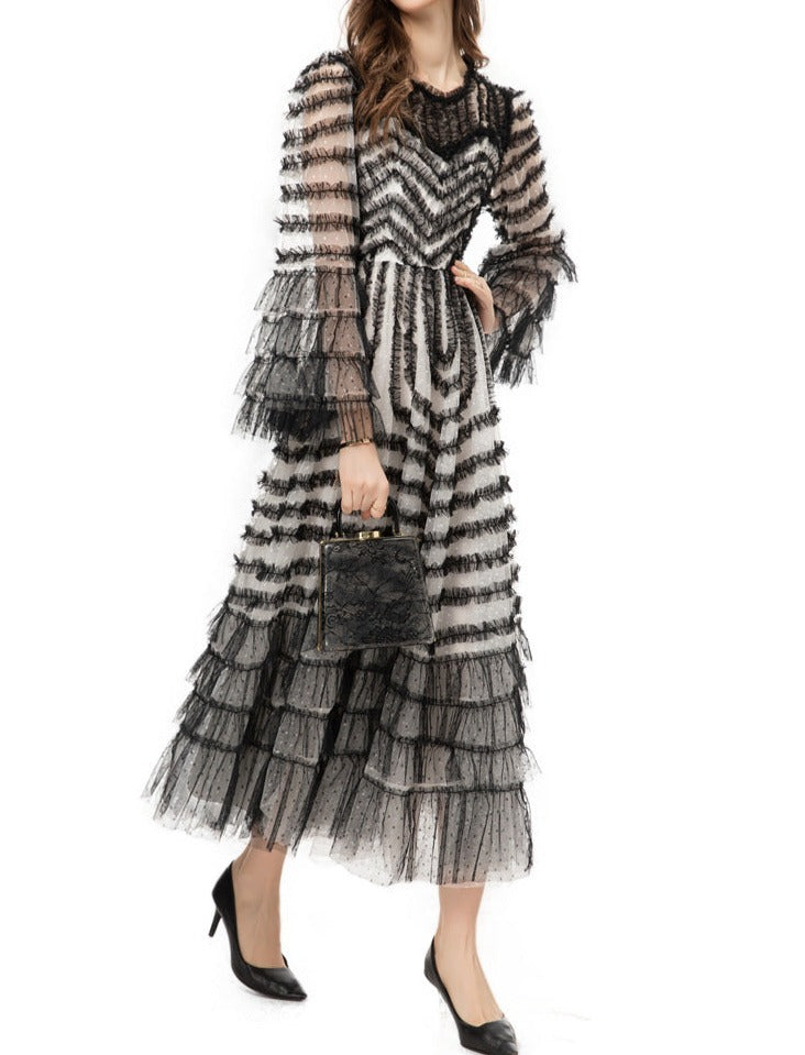 tiered ruffle tulle midi dress in monochrome – Ereshva