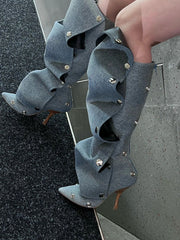 ruffled knee-high boots with metallic snap accents - Eenakshi