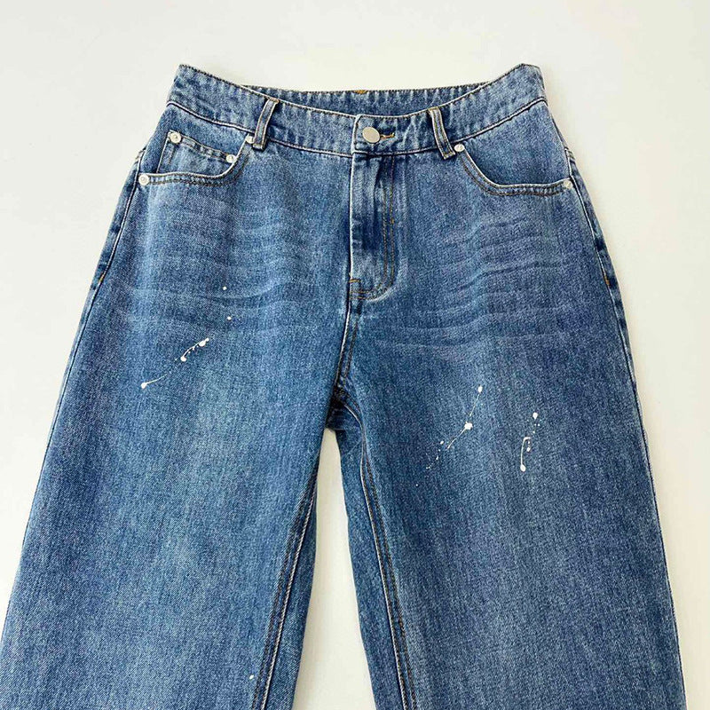 paint splatter wide-leg jeans with layered cuff detail - Aanada