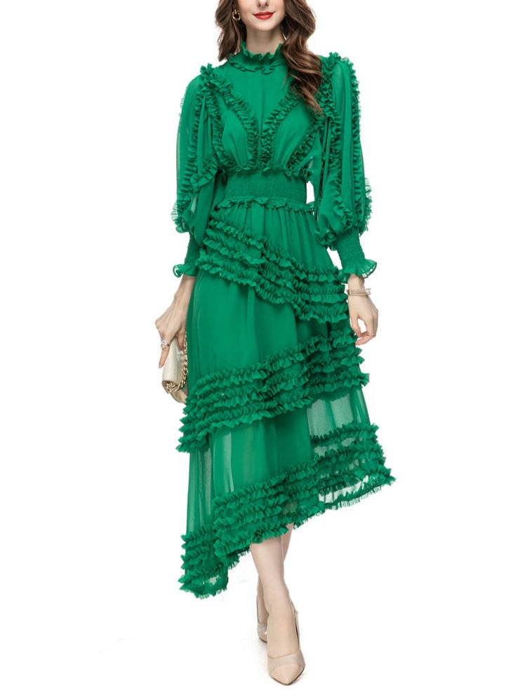 ruffled asymmetrical chiffon dress in emerald – Tharisha