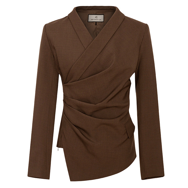 Asymmetrical Draped Blazer Top with V-Neckline - Vancu