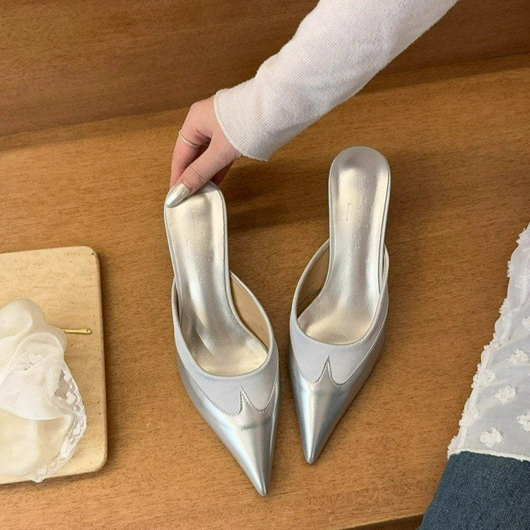 metallic leather mules with tan flame detail – ZEREINA