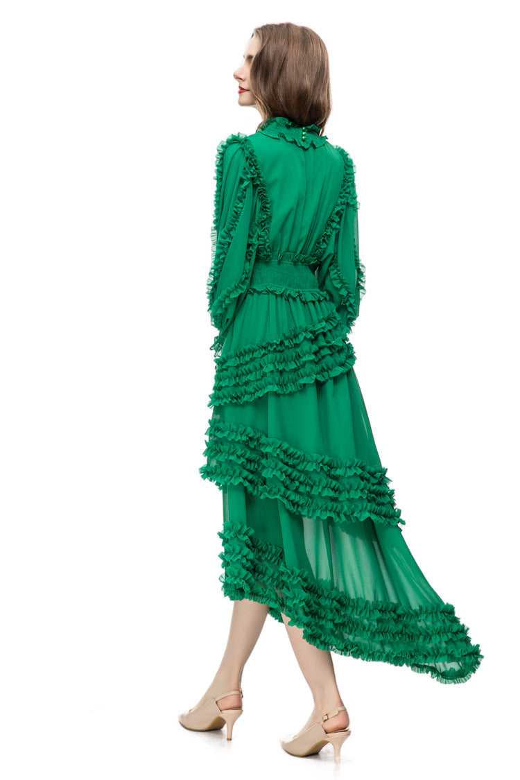 ruffled asymmetrical chiffon dress in emerald – Tharisha