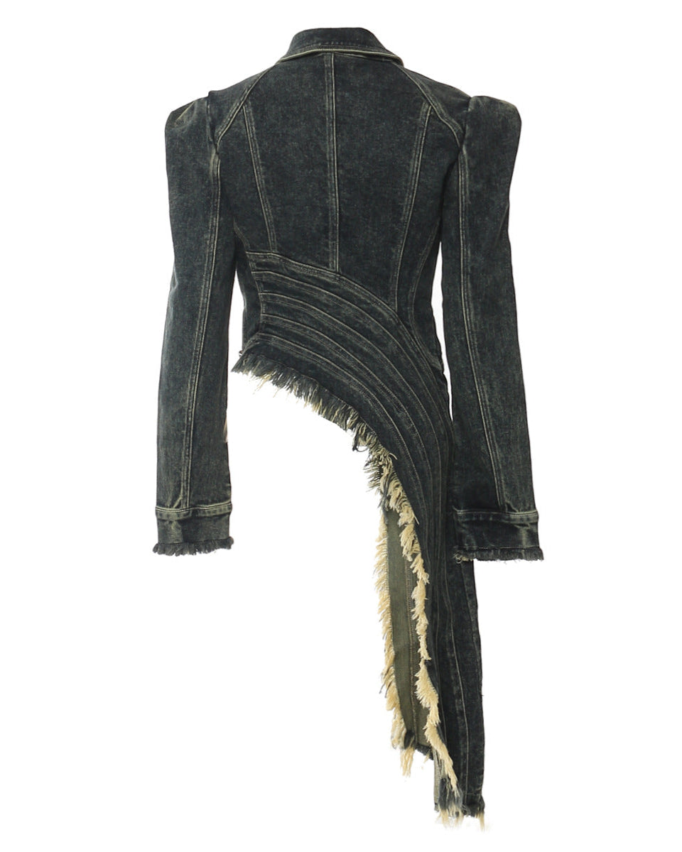 Asymmetrical Frayed Denim Jacket with Zipper Detail - Liksy