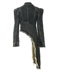 Asymmetrical Frayed Denim Jacket with Zipper Detail - Liksy