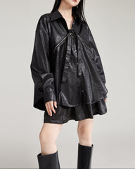 Oversized leather button-up shirt with tie-up detail - Wursy