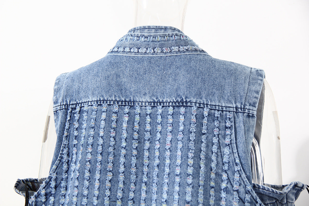 cold-shoulder embellished denim jacket with gathered sleeves – Klaew Kla