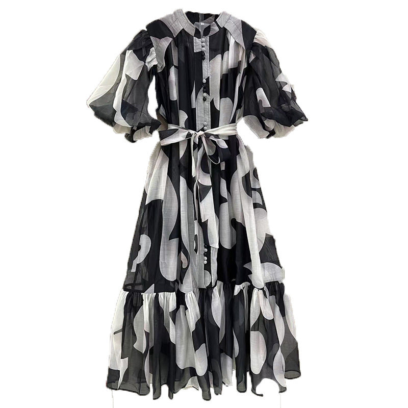 puff-sleeve tiered maxi dress with abstract print – ZARA