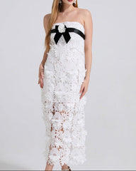 strapless floral lace midi dress with bow detail - FIORS