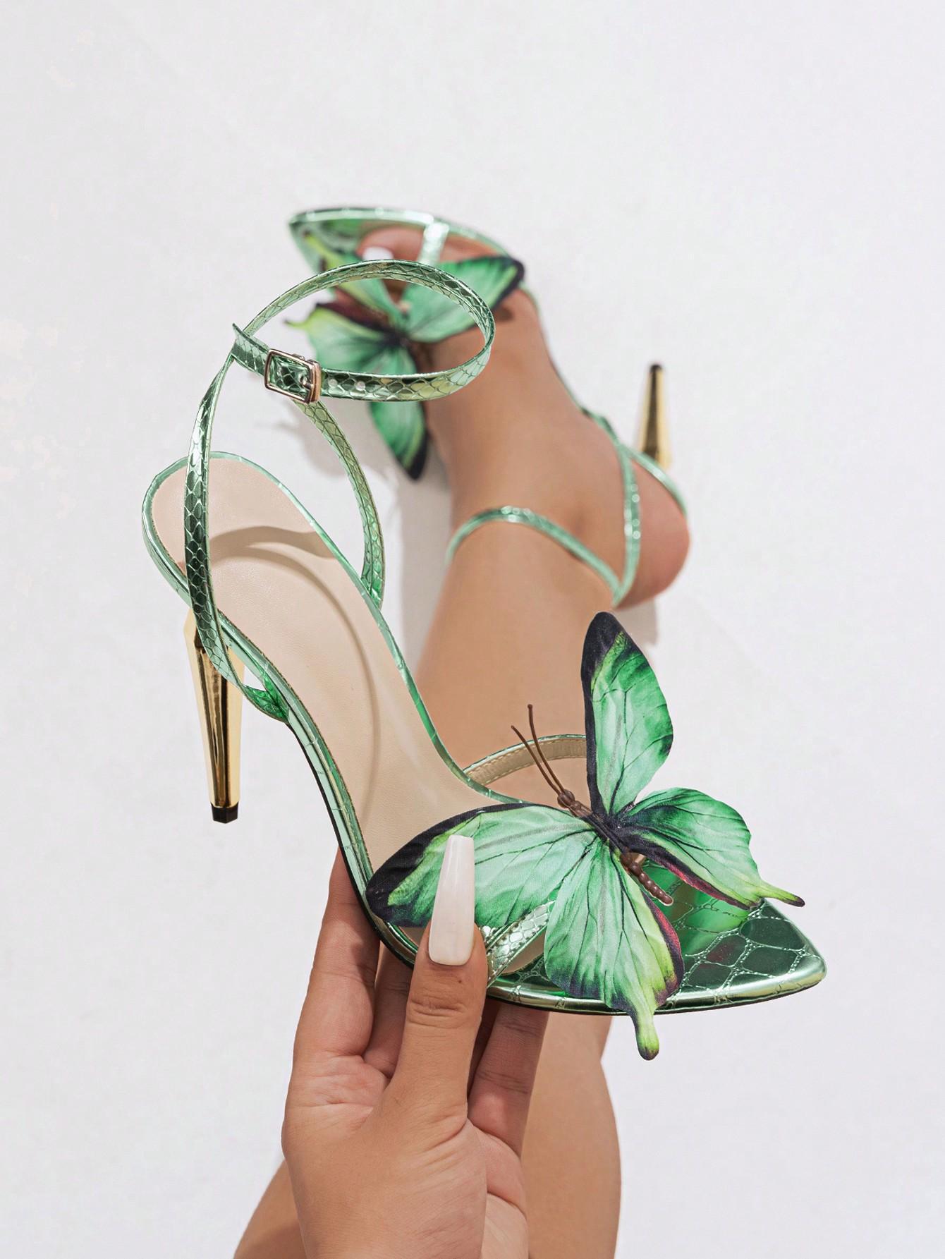green snake-print sandals with 3D butterfly appliqué – MARIPOSA