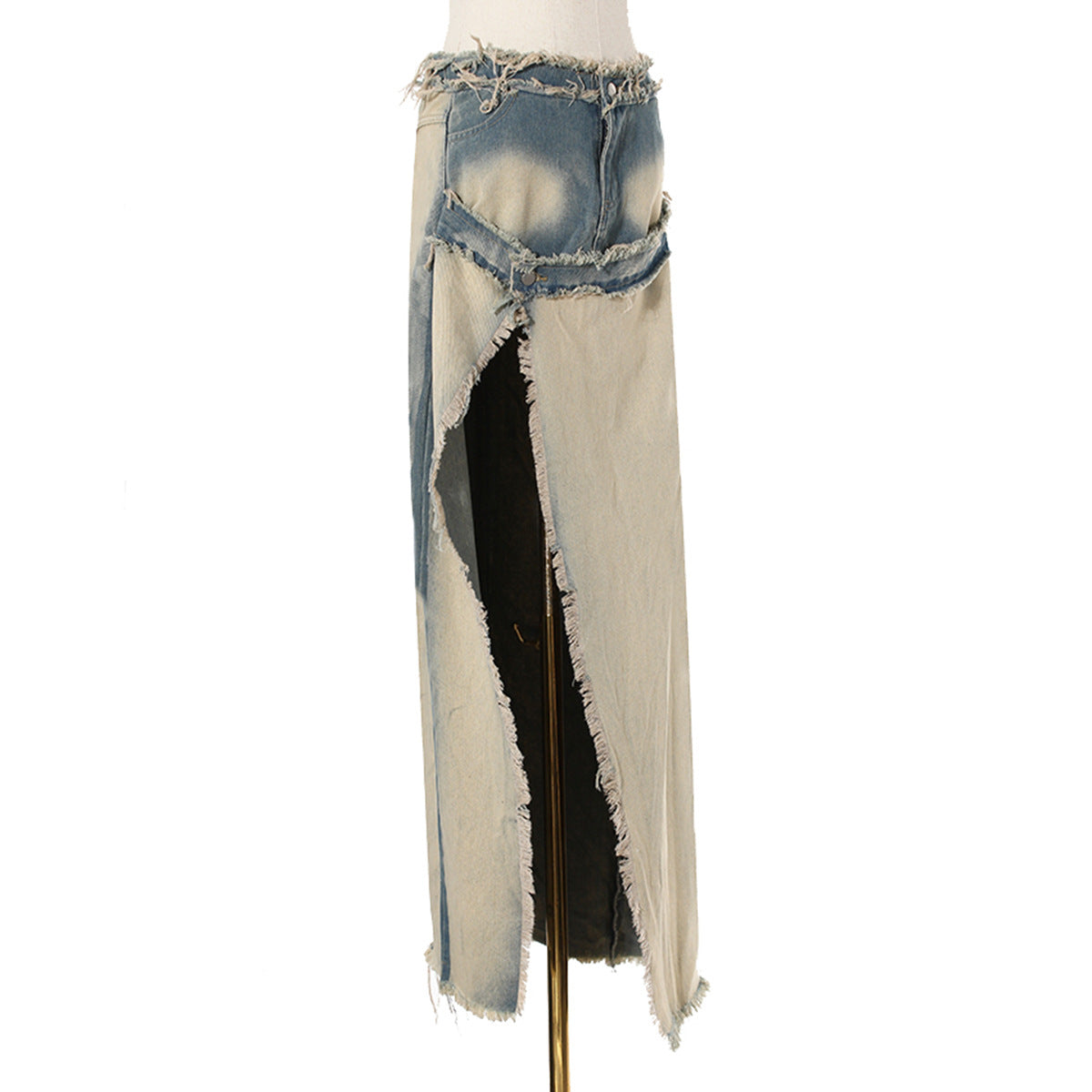 distressed denim maxi skirt with raw slit - Balthah