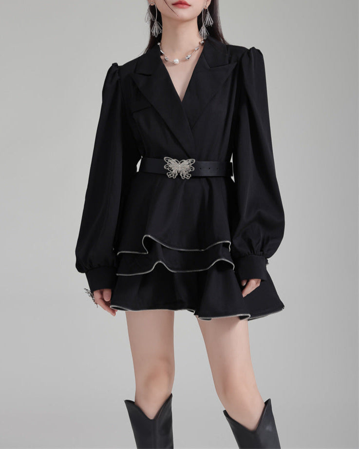 Shirt suit with multi-layered short skirt -