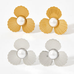 Textured flower stud earrings with pearl center – Blanki