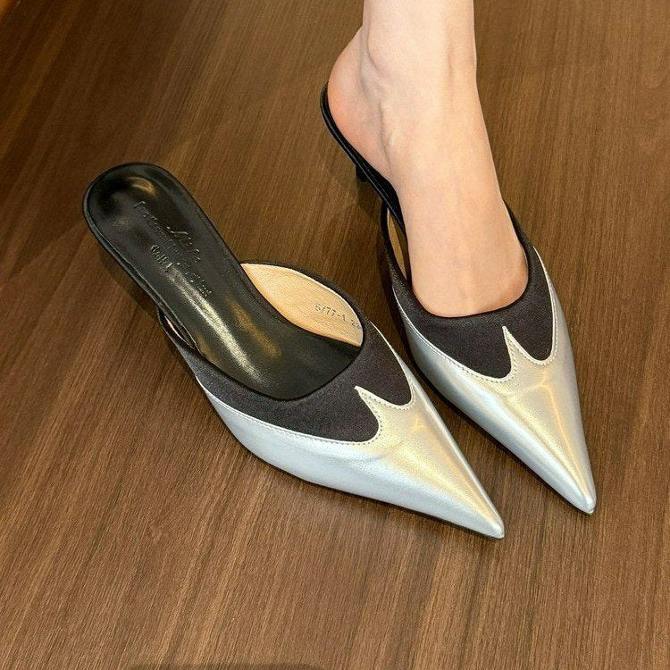 metallic leather mules with tan flame detail – ZEREINA