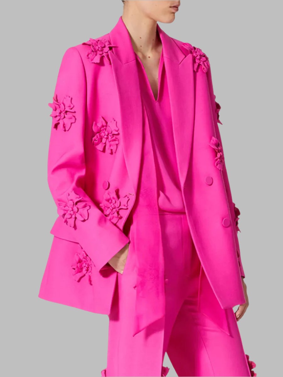 floral applique double-breasted blazer and flared pants set - GHOOTER