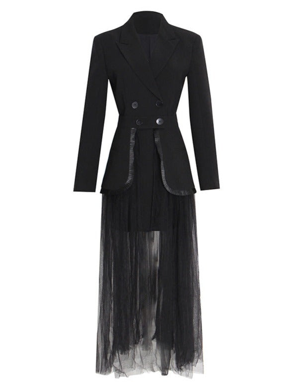 double-breasted blazer dress with sheer pleated maxi overlay - Addien