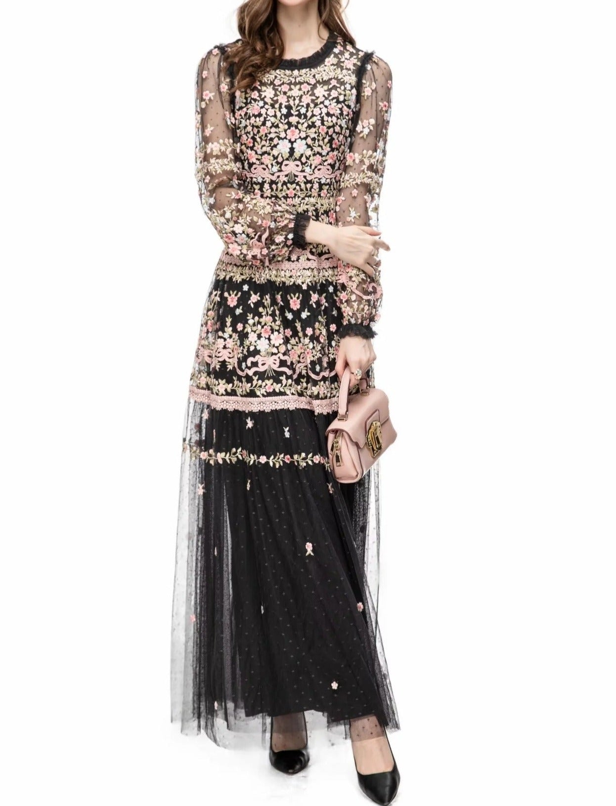 sheer embroidered tulle gown with floral motifs – Fikwesd