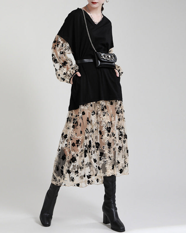 V-neck overlay dress with floral mesh layers – AMAXA