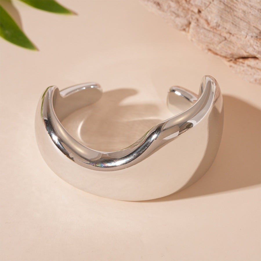 Irregular Geometric Open Bangle with Shiny Metallic Design - VONEL