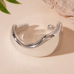 Irregular Geometric Open Bangle with Shiny Metallic Design - VONEL