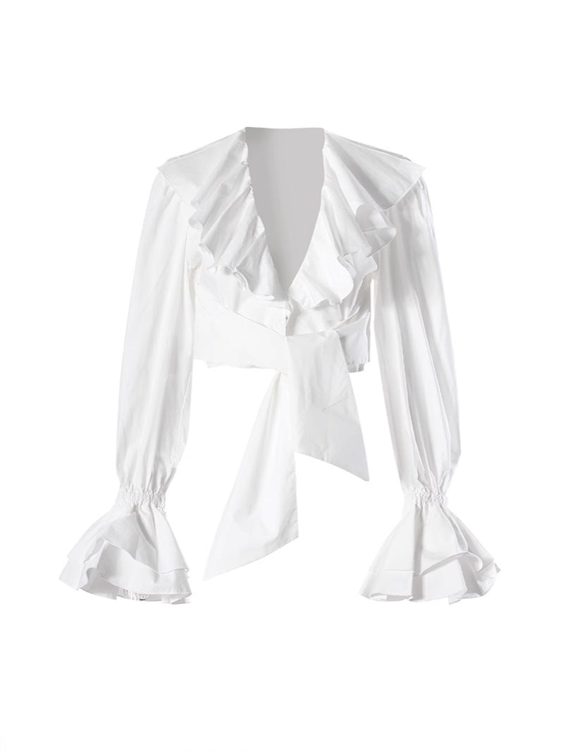 Long sleeve wrap blouse with ruffle details - Ewdi